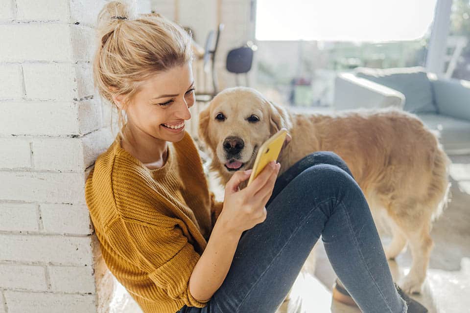 Photo of a young woman reading morning news online while her dog standing next to her